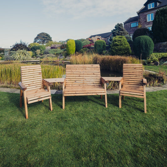 VALLEY 4 SEATER SET - 1 x 2 SEATER BENCH 2 x CHAIRS WITH ANGLED TRAY TABLES