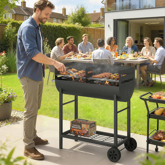 Outsunny Charcoal Barbecue Grill with 2 Cooking Areas, Portable BBQ Trolley with Wheels, Height Adjustable Grates, Bottom Shelf
