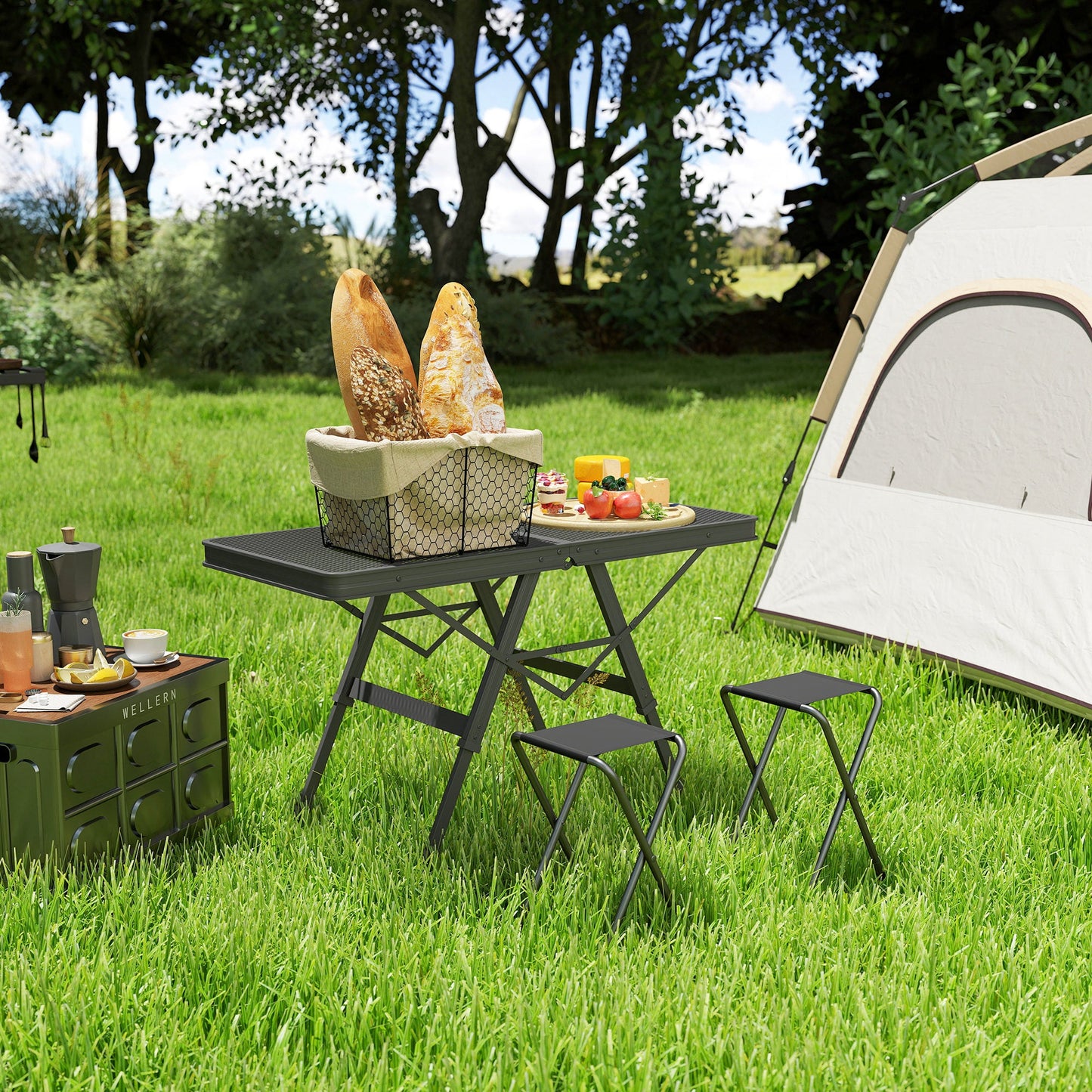 Outsunny 3 ft Folding Camping Table w/ Adjustable Heights, Outdoor Folding Picnic Table with Metal Mesh Desktop & Aluminium Legs, Portable Lightweight BBQ Table for Picnic, Garden, Party, Black