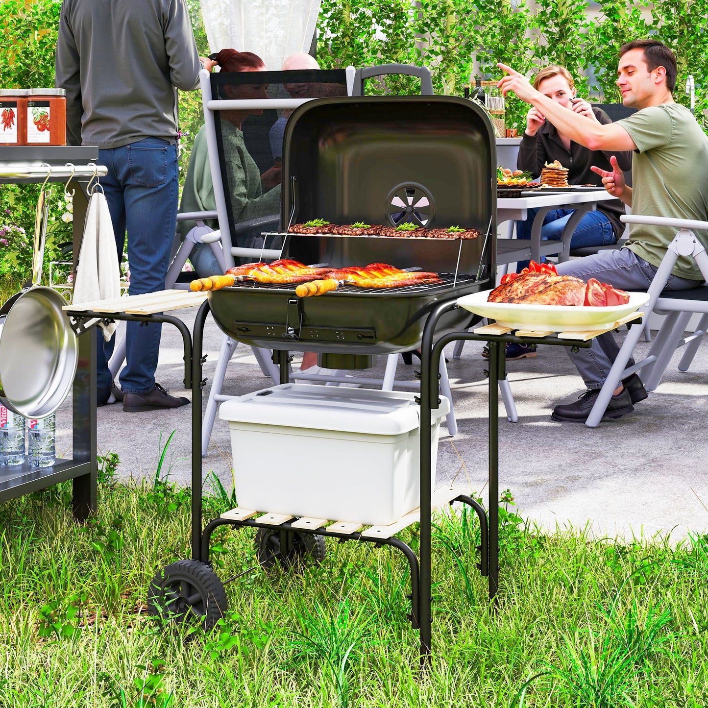 Outsunny Charcoal Barbecue Grill Portable BBQ Grill with 1840 cm² Cooking Area, 3 Shelves, Adjustable Vent, Lockable Lid, Wheels for Outdoor Cooking, Garden Party, Black