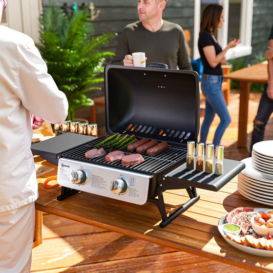 Outsunny 2 Burner Gas BBQ Grill with Foldable Side Tables, Portable Tabletop Gas Barbecue Grill with Built-in Thermometer, Lid, Grease Tray for Garden Party Camping Picnic Outdoor Cooking 5.6KW, Black