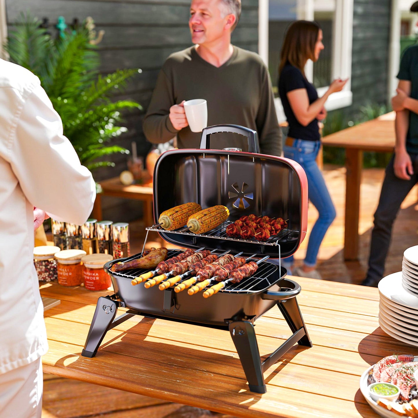 Outsunny Charcoal Barbecue Grill Folding BBQ Grill with 1232 cm² Cooking Area, Adjustable Vent, Thermometer, Handles for Camping Picnic, Red