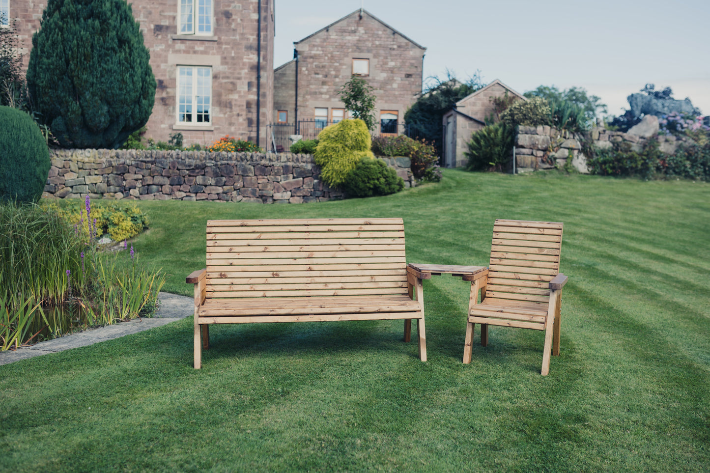VALLEY 4 SEATER SET - 1 x CHAIR, 1 x 3 SEATER BENCH WITH ANGLED TRAY TABLE