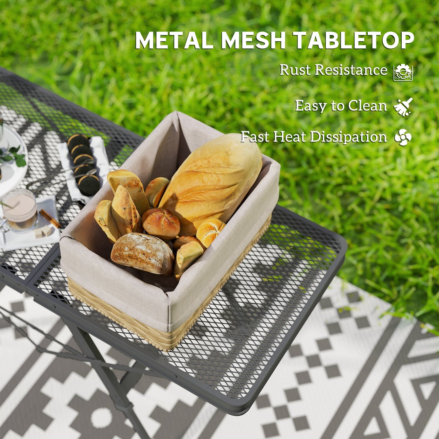 Outsunny 3 ft Folding Camping Table w/ Adjustable Heights, Outdoor Folding Picnic Table with Metal Mesh Desktop & Aluminium Legs, Portable Lightweight BBQ Table for Picnic, Garden, Party, Black