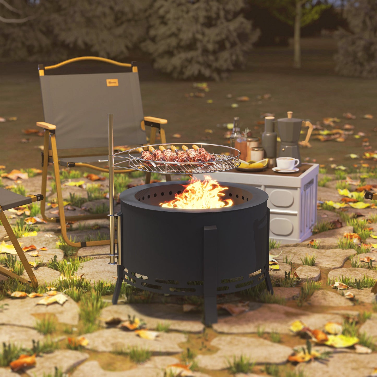 Outsunny Portable Fire Pit, 58 cm Round Firepit with Grill Grate, Fire Bowl with Ash Catcher and Poker, Fire Pit BBQ for Garden Camping Bonfire Picnic, Black