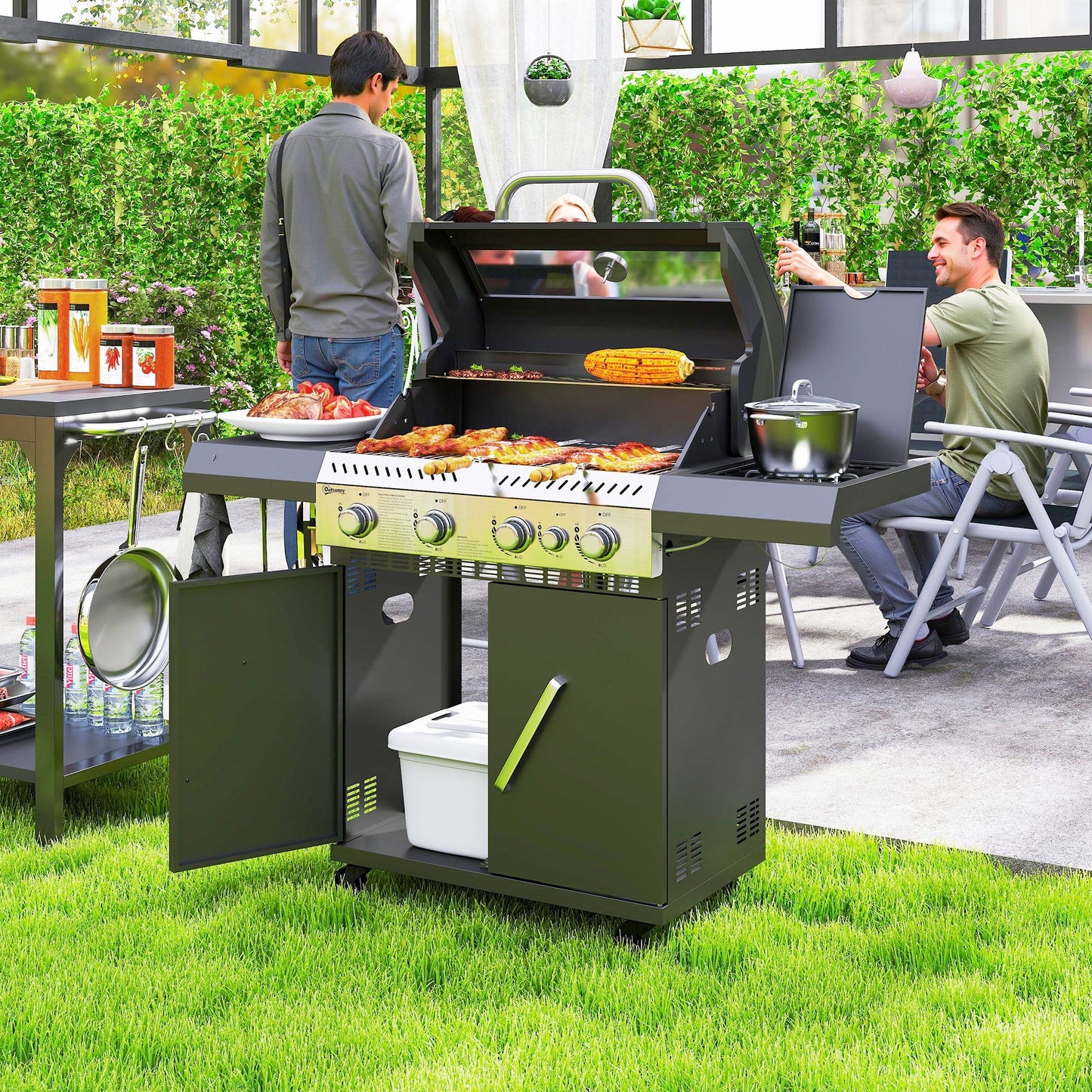 Outsunny 4+1 Burner Gas BBQ Grill with Clear View Lid, Portable Gas Barbecue Grill with Built-in Thermometer, Side Table, Cabinet, Wheels, Grease Tray for Garden Party Outdoor Cooking, Black