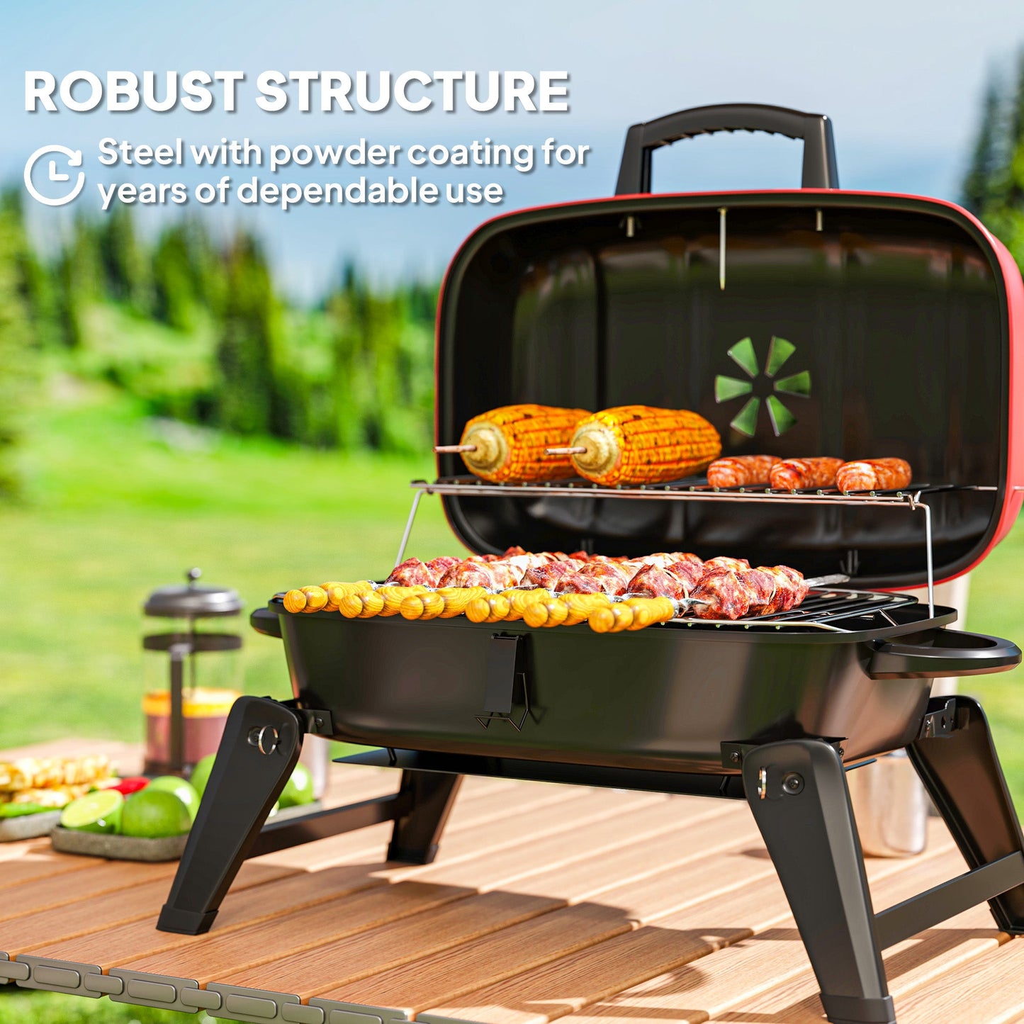 Outsunny Charcoal Barbecue Grill Folding BBQ Grill with 1232 cm² Cooking Area, Adjustable Vent, Thermometer, Handles for Camping Picnic, Red