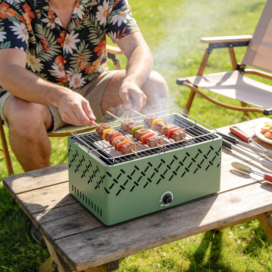 Outsunny Portable Charcoal BBQ Grill, Battery Powered Barbecue Grill with Built-in Fan for Camping Picnic, Light Green