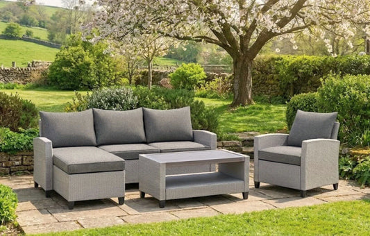 Stockholm Rattan Grey 4 Seater Garden Chaise Lounge & Armchair Set