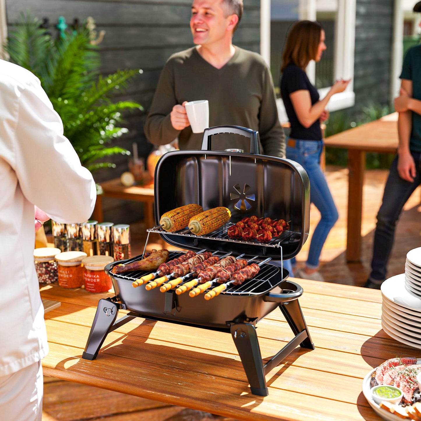 Outsunny Charcoal Barbecue Grill Folding BBQ Grill with 1232 cm² Cooking Area, Adjustable Vent, Thermometer, Handles for Camping Picnic, Black